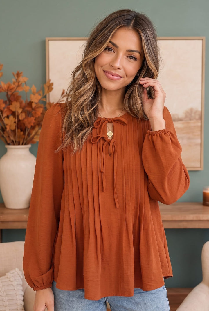Sipping Apple Cider Tie Neck Blouse - Nikki &amp; Co. Boutique