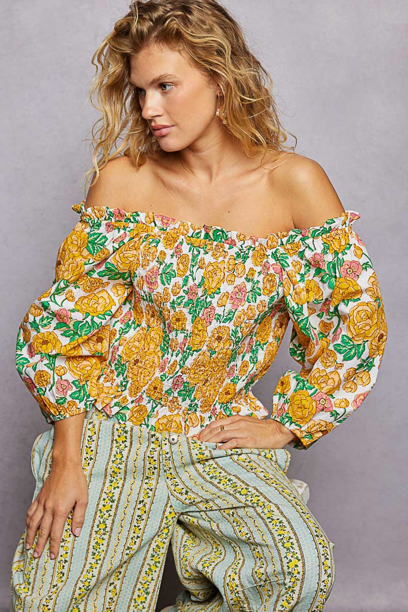 POL Floral Print Off-Shoulder Smocked Blouse | Honey Multi - Nikki &amp; Co. Boutique