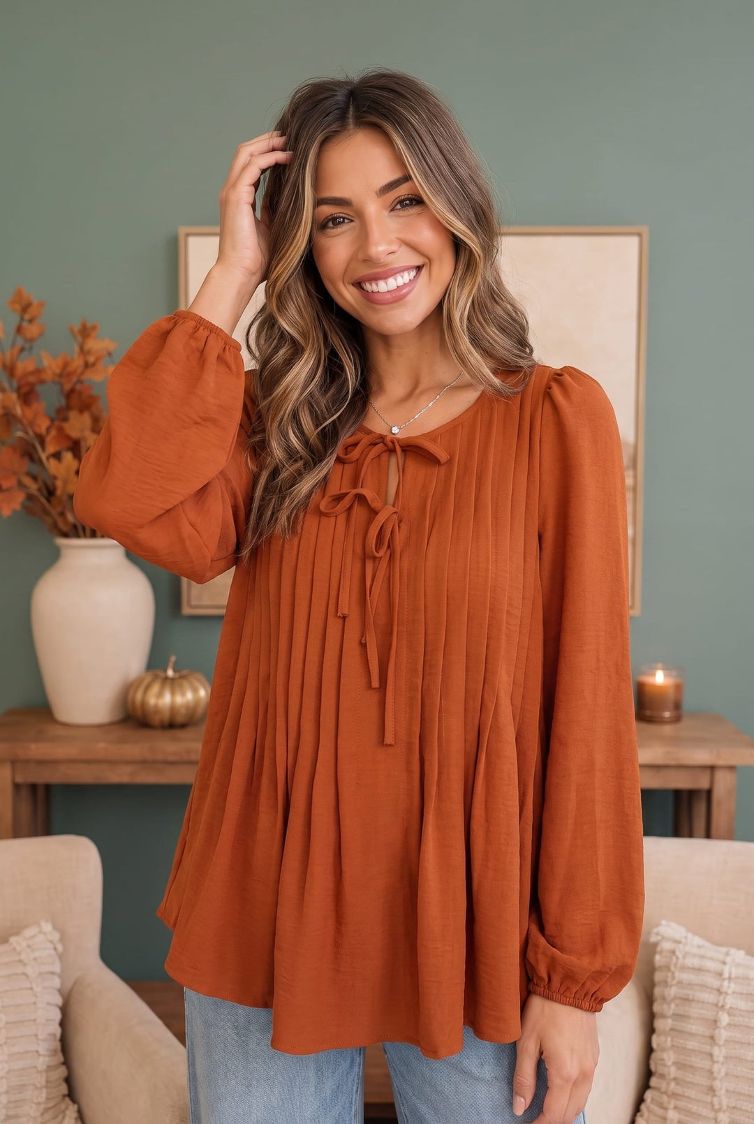 Sipping Apple Cider Tie Neck Blouse - Nikki &amp; Co. Boutique