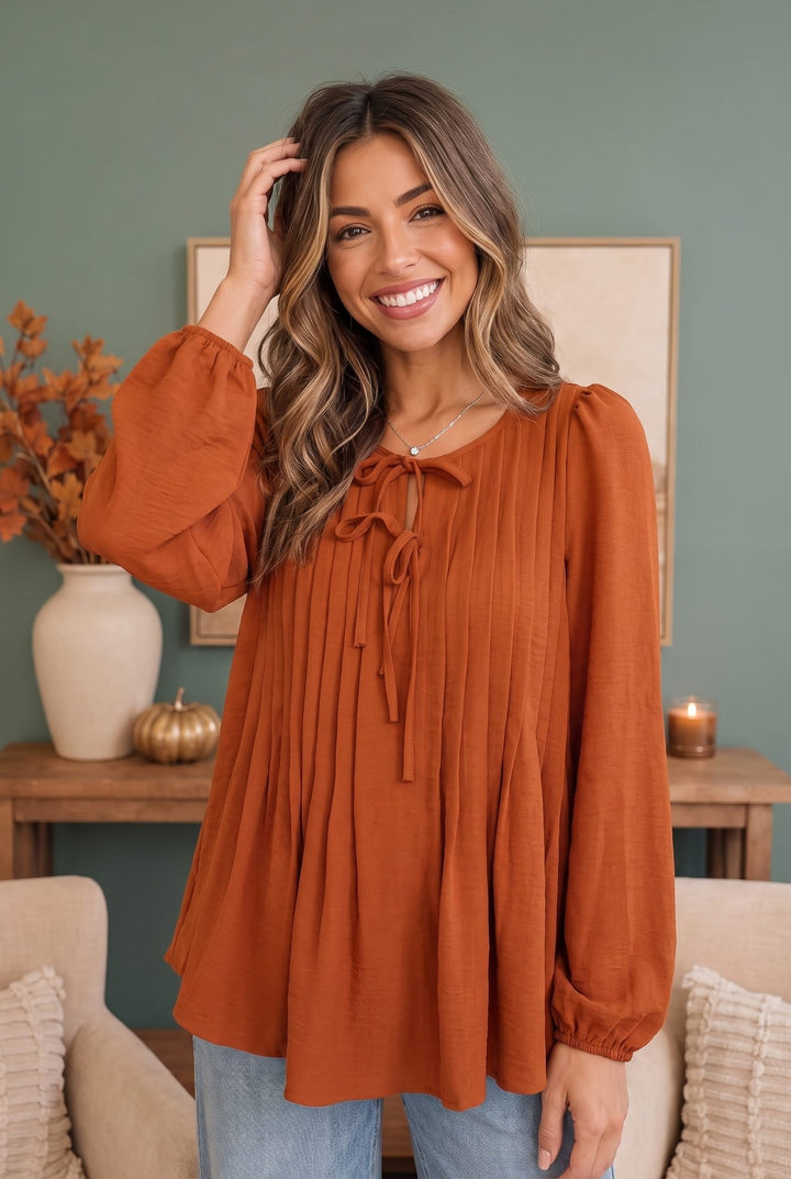 Sipping Apple Cider Tie Neck Blouse - Nikki &amp; Co. Boutique