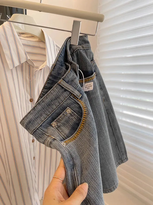 Summer Women Denim Shorts High Waisted Zipper Embroidered Retro Blue shorts American Casual Fashion Female Knee Length Jeans