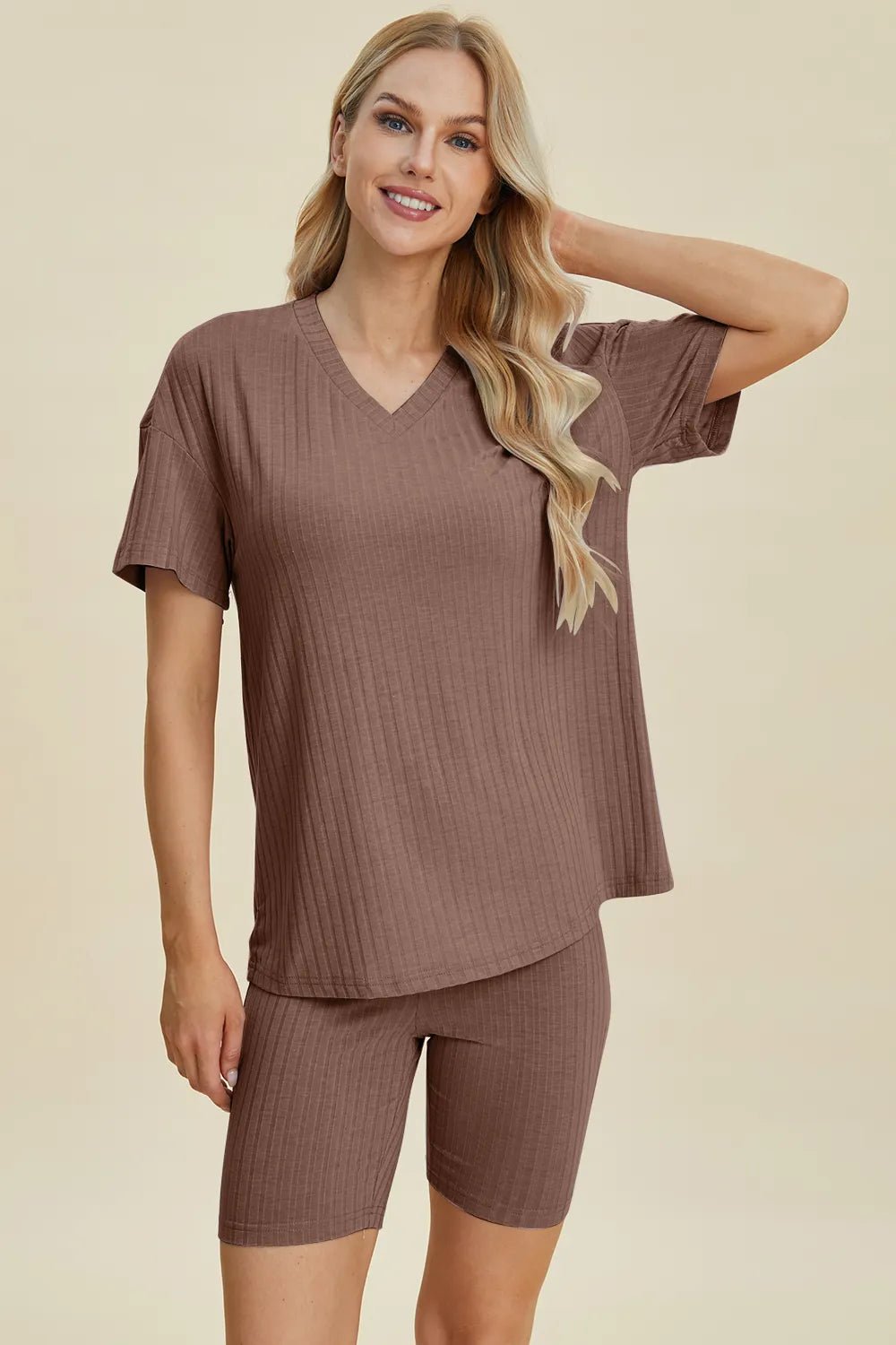Basic Bae Full Size Ribbed V-Neck Shorts Sleeve Tops and Shorts Sets | Nikki &amp; Co. Boutique