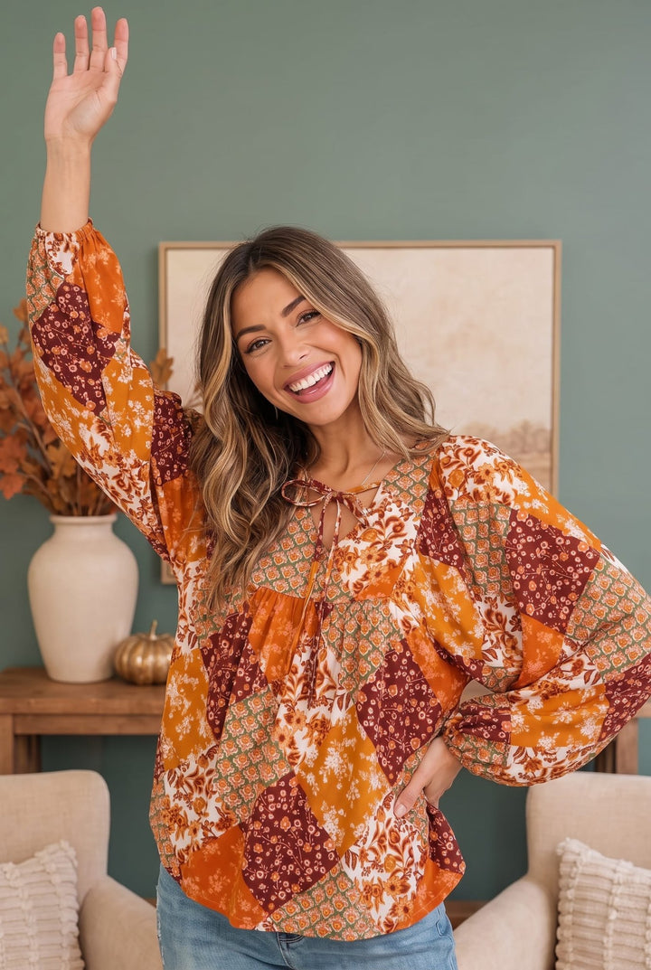 Autumn Patchwork Boho Blouse in Rust - Nikki &amp; Co. Boutique