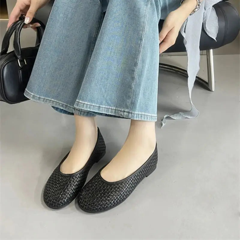 White Flats Ladies Low Heels Pumps Summer Office Shoes Blue Porosity Mary Jane Flat Shoes Comfort Ballet Plus Size 42 43