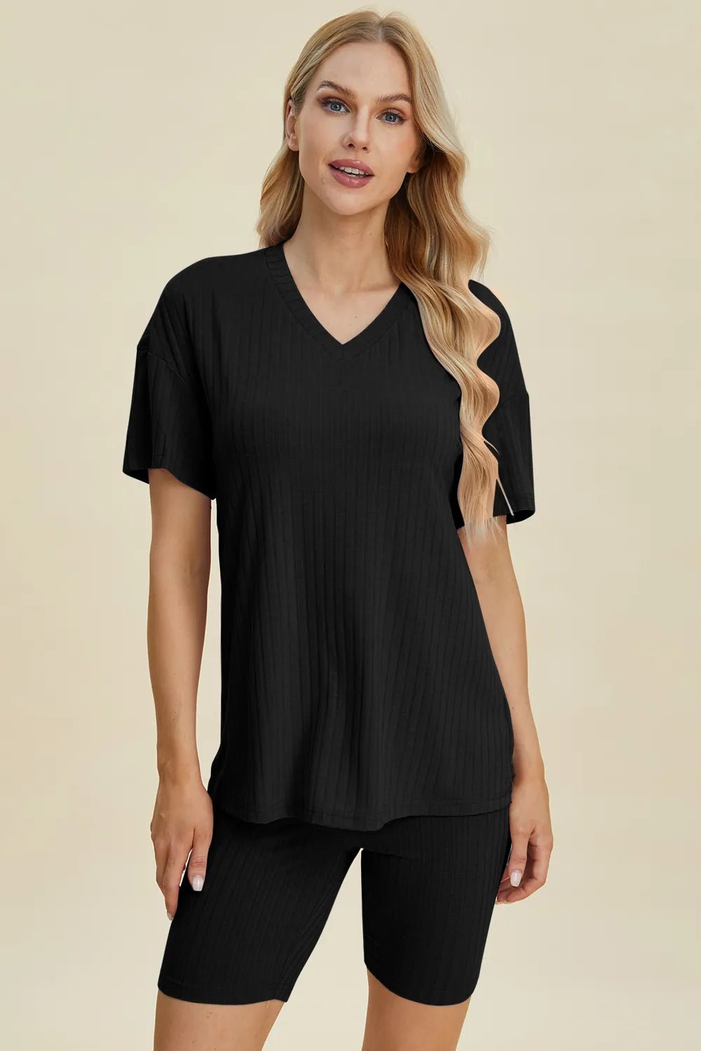 Basic Bae Full Size Ribbed V-Neck Shorts Sleeve Tops and Shorts Sets | Nikki &amp; Co. Boutique