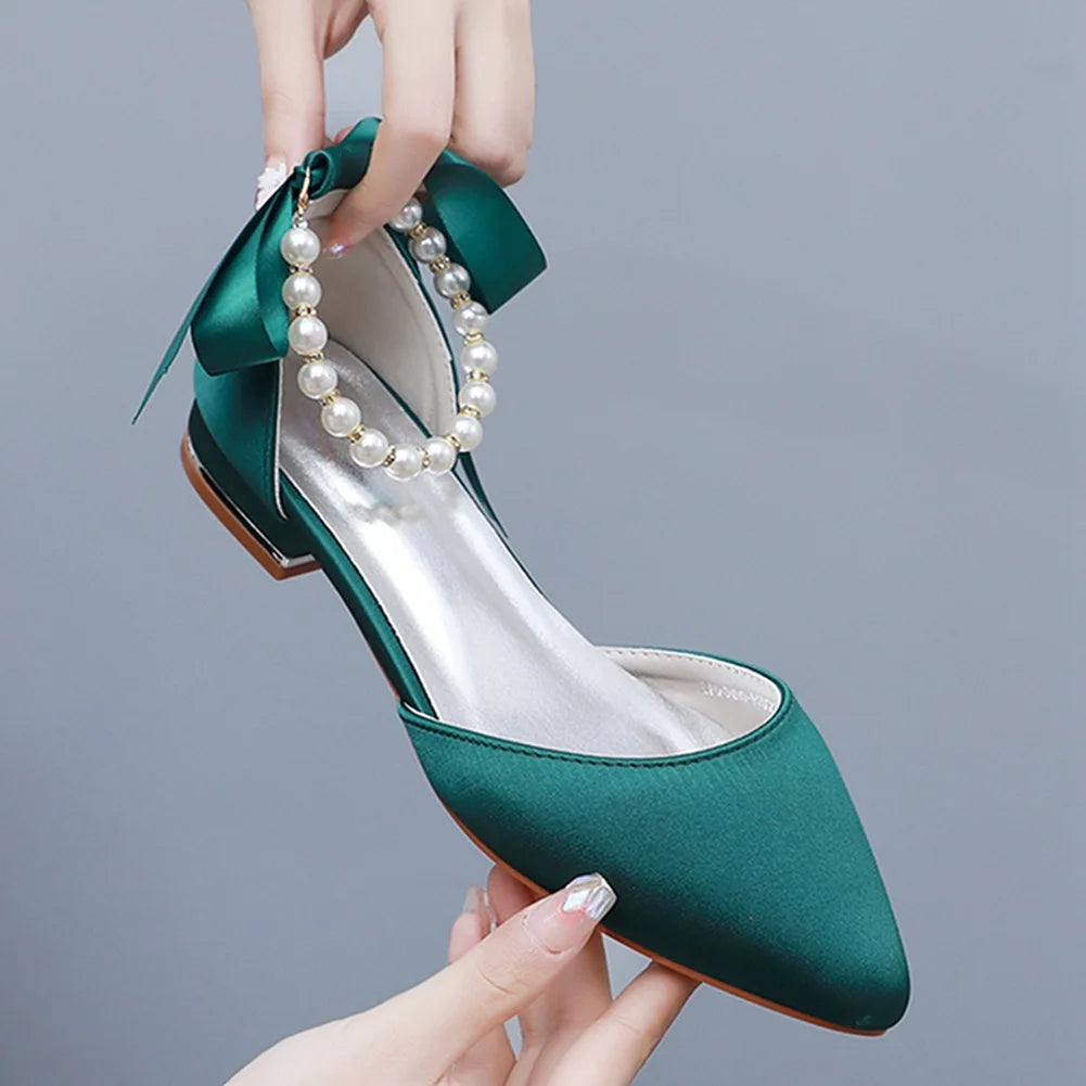 Wedding Shoes Bride Flat Heel Pointed Hollow Sandals Women White Satin Beaded Bride's Wedding Dress Shoes Sandalias