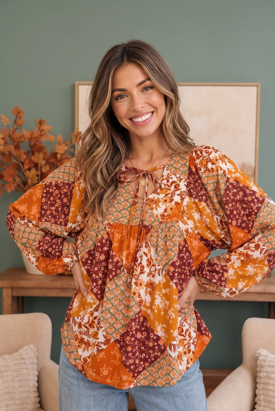 Autumn Patchwork Boho Blouse in Rust - Nikki &amp; Co. Boutique