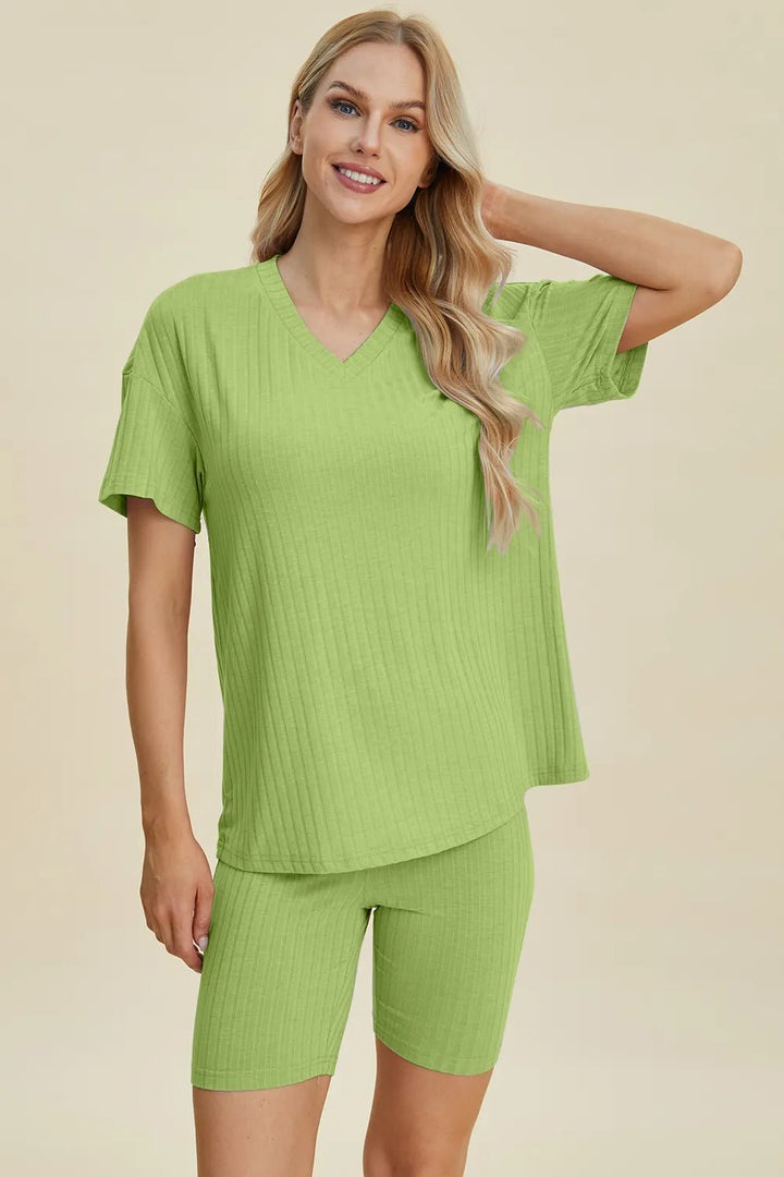 Basic Bae Full Size Ribbed V-Neck Shorts Sleeve Tops and Shorts Sets | Nikki &amp; Co. Boutique