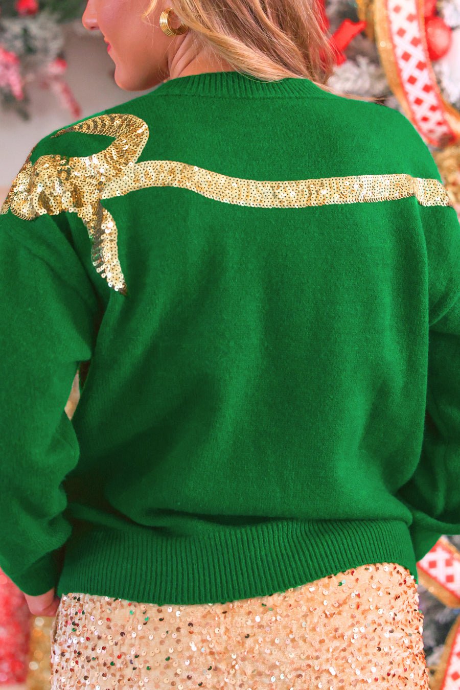 Sequin Bow Knit Sweater - Green/Gold (Pre-order) - Nikki &amp; Co. Boutique