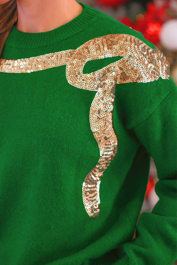 Sequin Bow Knit Sweater - Green/Gold (Pre-order) - Nikki &amp; Co. Boutique