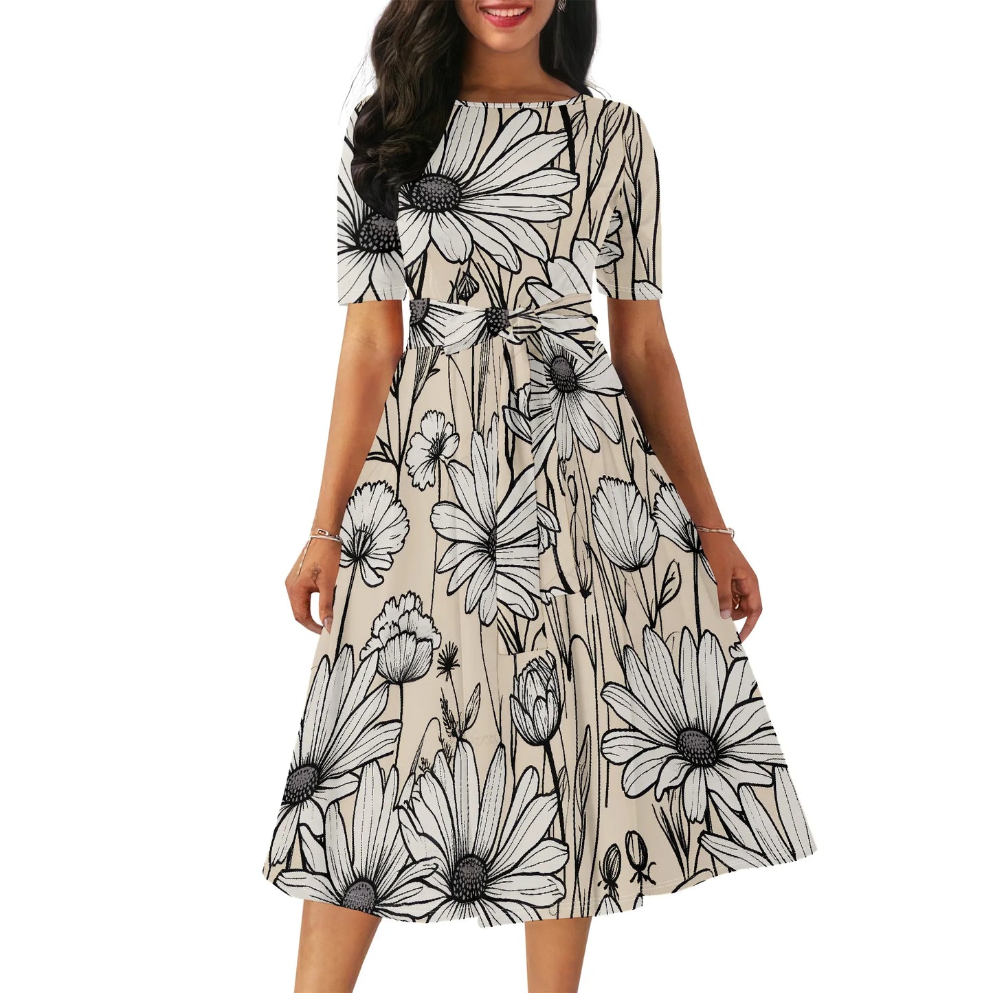 Women's Boatneck Vintage Cocktail Party Dress with Puff Sleeves