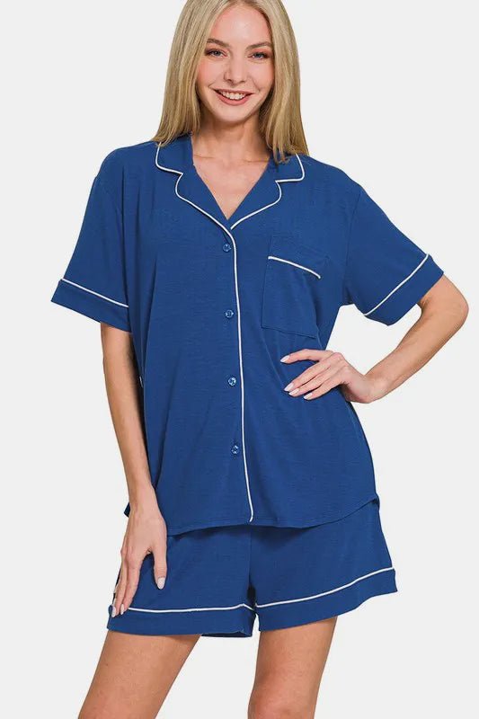 Zenana Button Down Short Sleeve Top and Shorts Lounge Set - Nikki &amp; Co. Boutique