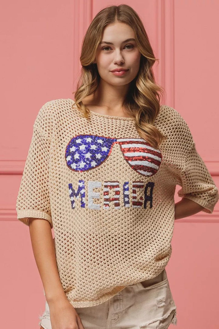 BiBi Sequin American Flag Sunglasses Knit Cover Up | Nikki &amp; Co. Boutique