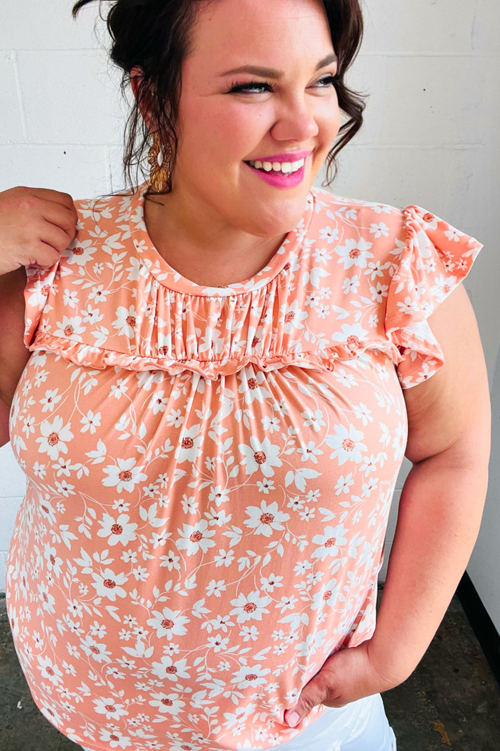 Peach Floral Print Frilled Shorts Sleeve Yoke Tops | Nikki &amp; Co. Boutique