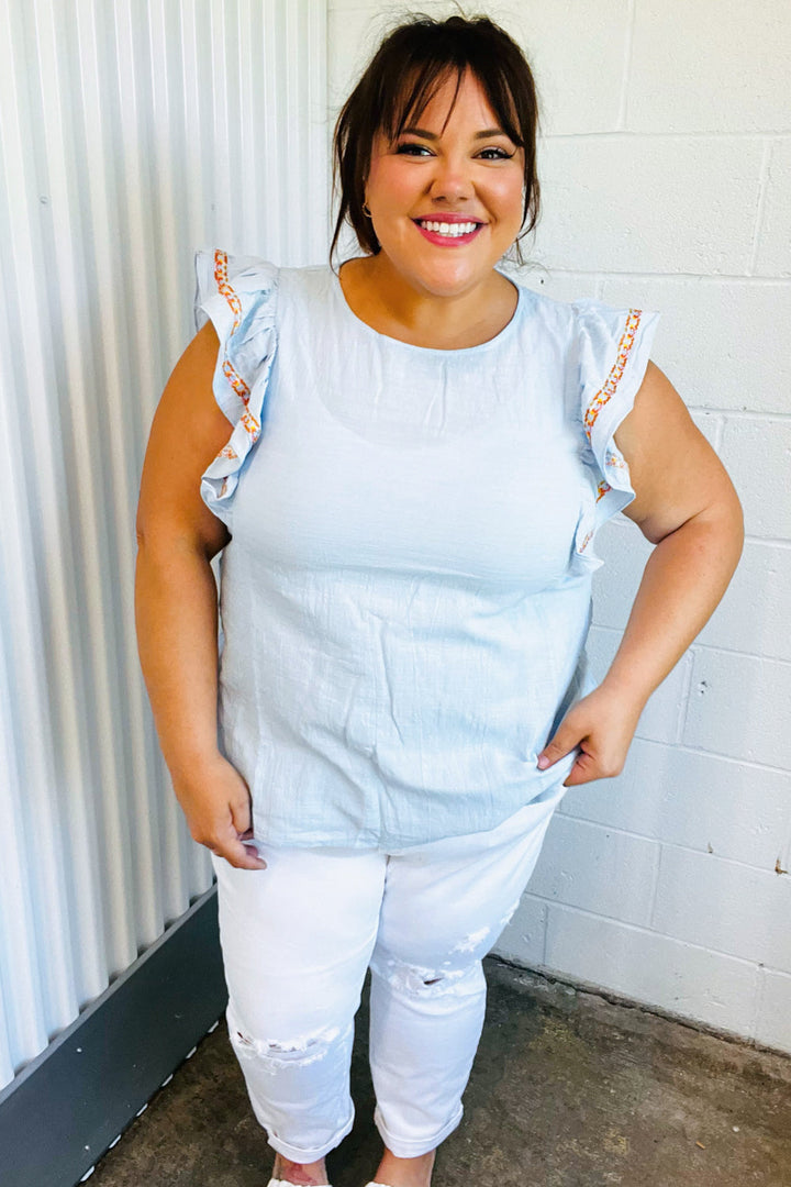 Chambray Embroidered Flutter Sleeve Tops | Nikki &amp; Co. Boutique
