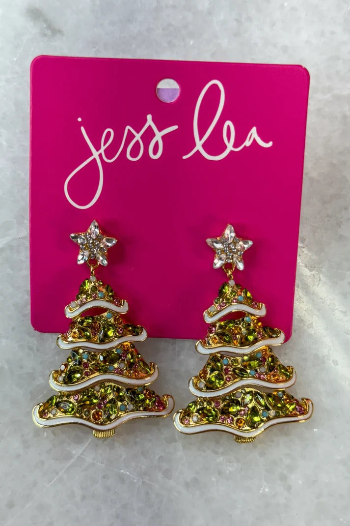 Pair of Christmas tree earrings on a package 
