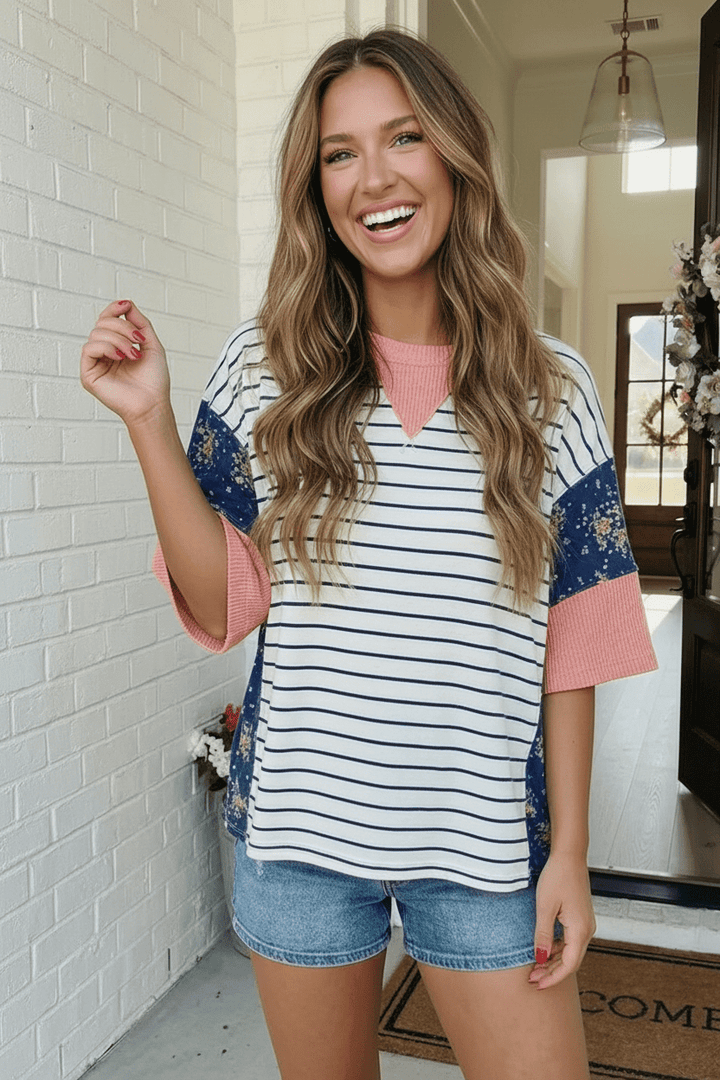 Stripe and Floral Mixed Media Oversized Top - Nikki &amp; Co. Boutique