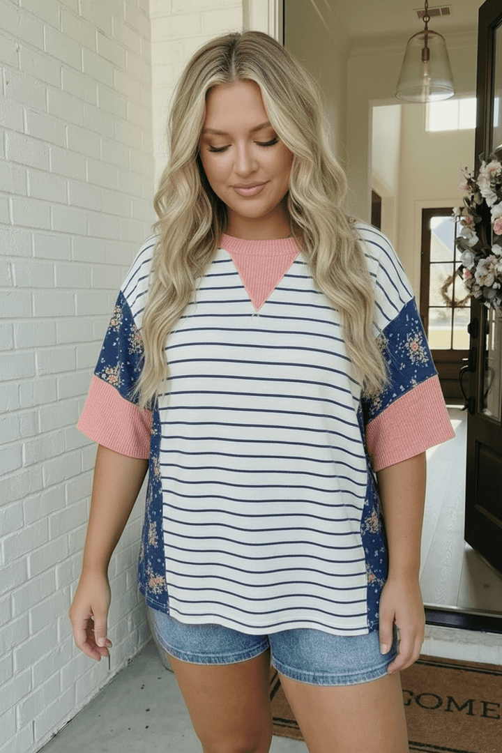 Stripe and Floral Mixed Media Oversized Top - Nikki &amp; Co. Boutique
