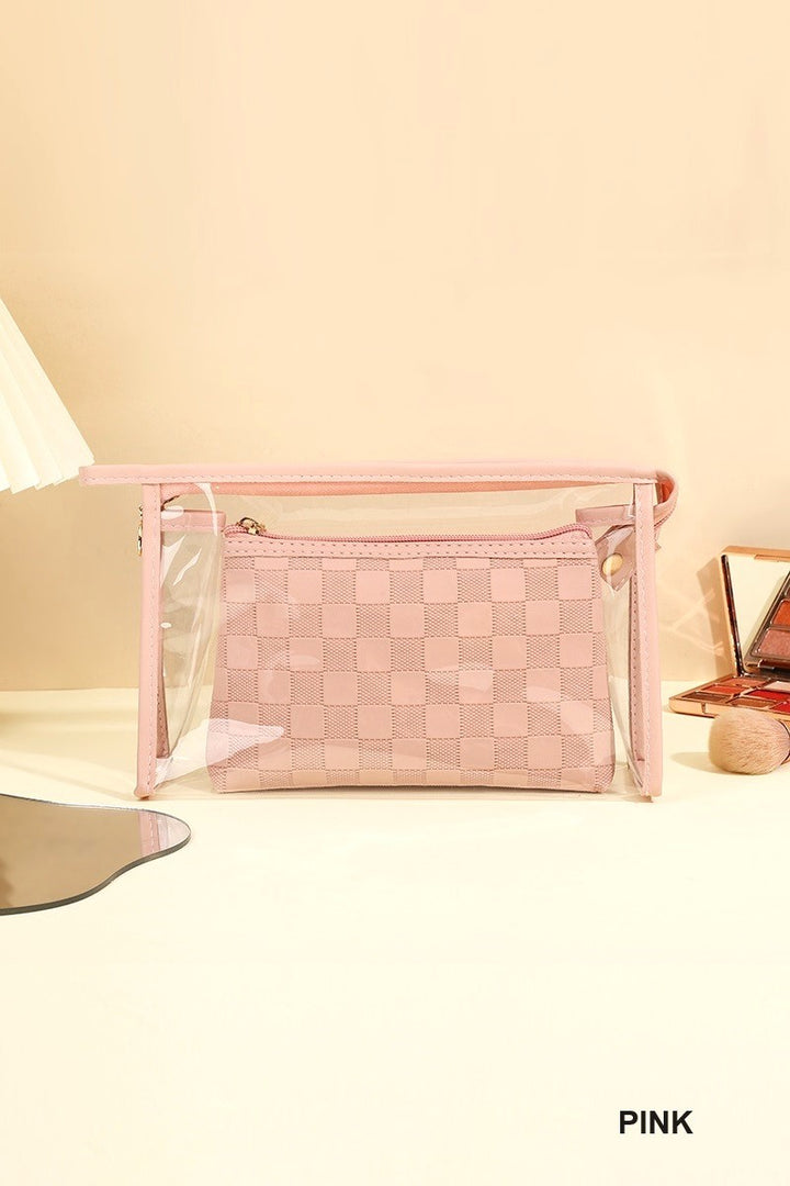 Clear large make up bag with color outline and smaller matching colored second bag