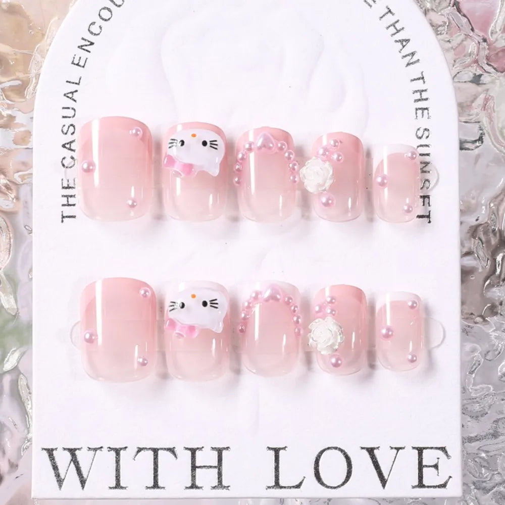 24 pcs Short, Square, Pink Kitty Cat Press on Fake Nails - Cute Cartoon Hello Kitty Nail Tips with Camellia Pearl Handmade Nail Patch