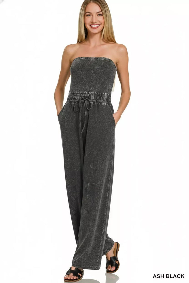 Zenana Acid Washed Strapless Tube Tops Jumpsuit | Nikki &amp; Co. Boutique