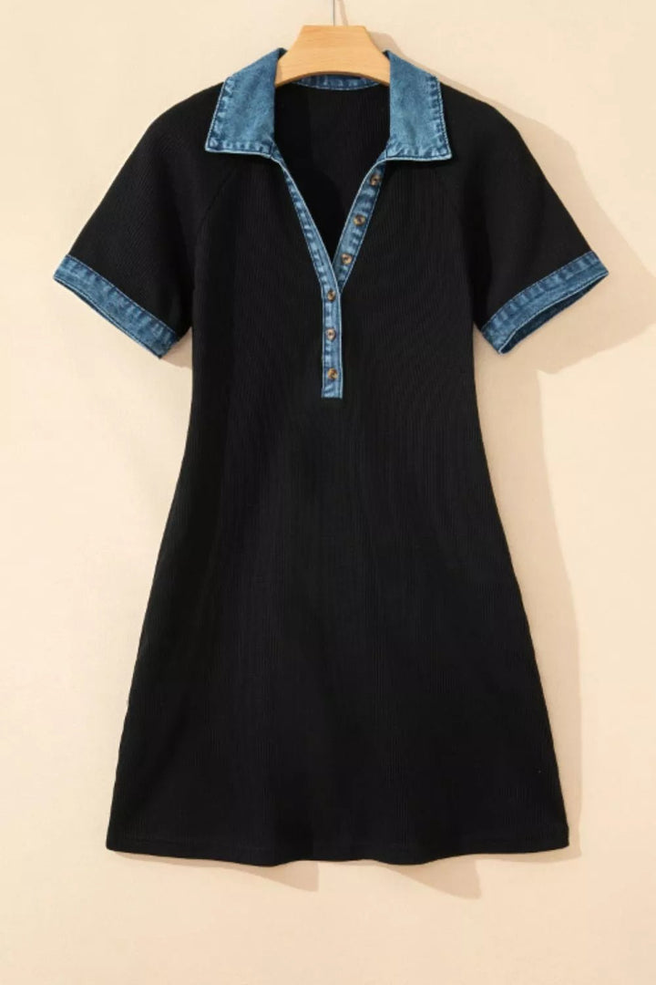 Casual Denim Trim Button - Down Mini Dress in Black - Nikki &amp; Co. Boutique