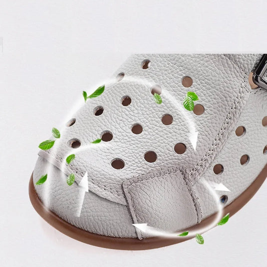 New Cow leather low heel sandals women's hollow out mules shoes woman buckle strap slipper sandals ladies elegant slip on shoes