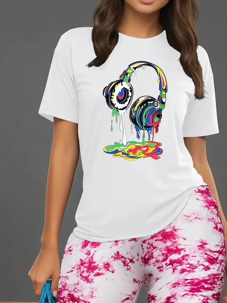 Color Earphones Print Women T Shirts Two Piece Set Fashion Novel Floral Shorts Sets Summer Breathable Cotton Shirt Shorts Female