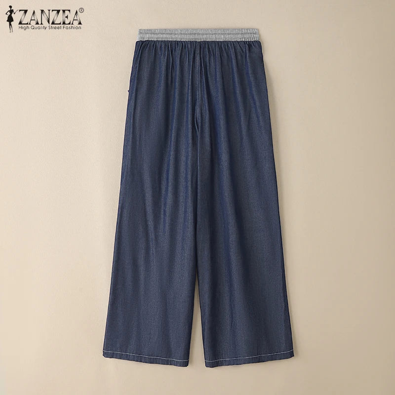 ZANZEA Women Denim Wide Leg Pants 2026 Casual Pockets Elastic Waist Long Pants Fashion Pleated Lace-up Trousers Loose Bottoms