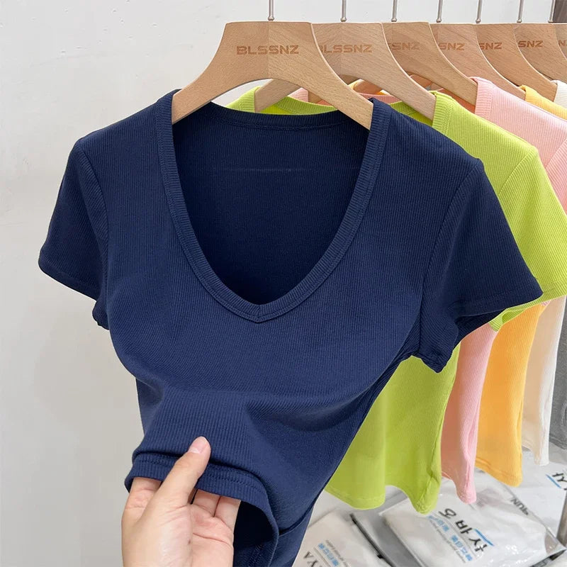 Female Y2K Tops Clothes Summer Sexy Basic Crop Top Women Ribbed Short Sleeve T-shirts Casual V-Neck Solid Slim Fit Tee