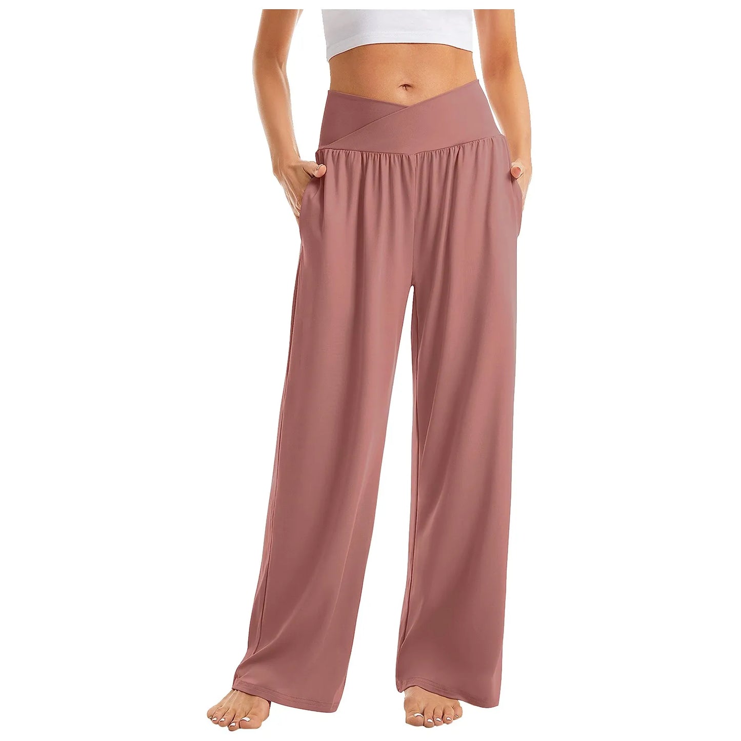 Women's High Waist Solid Color Casual Comfortable Elastic Waist Straight Trousers Wide Leg Sports Long Pants With Pockets