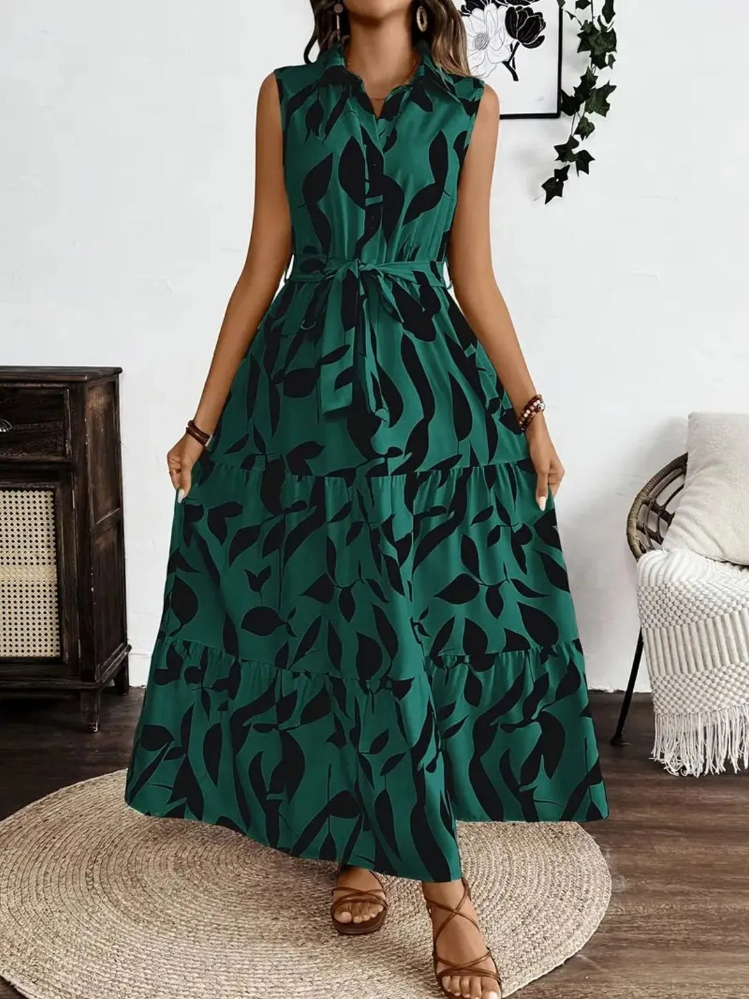 Printed Tie Waist Sleeveless Maxi Dress | Nikki &amp; Co. Boutique