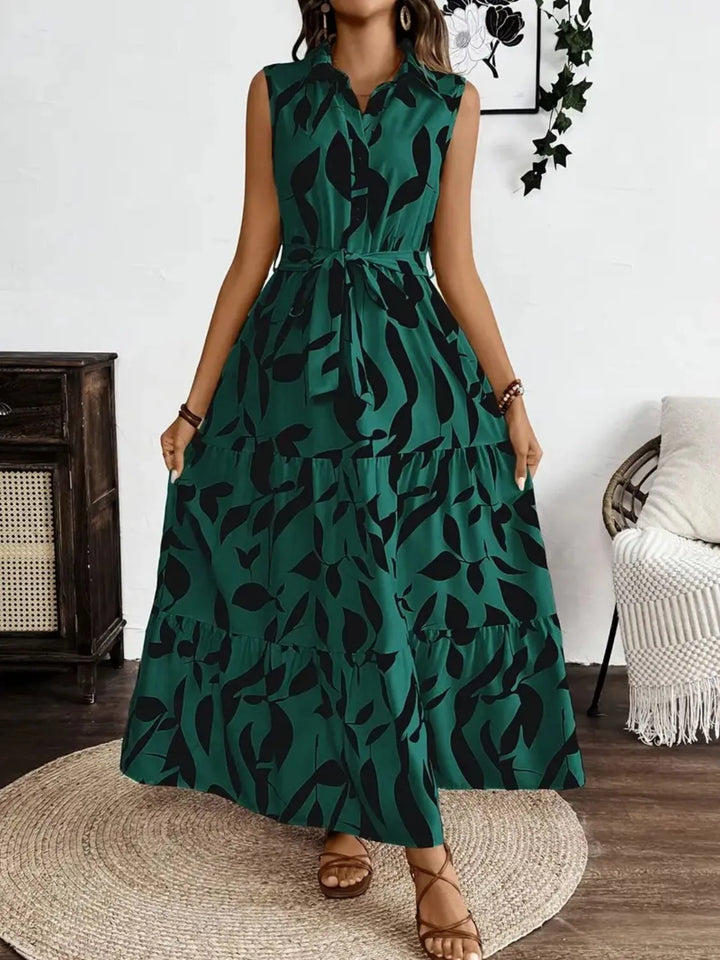 Printed Tie Waist Sleeveless Maxi Dress | Nikki &amp; Co. Boutique