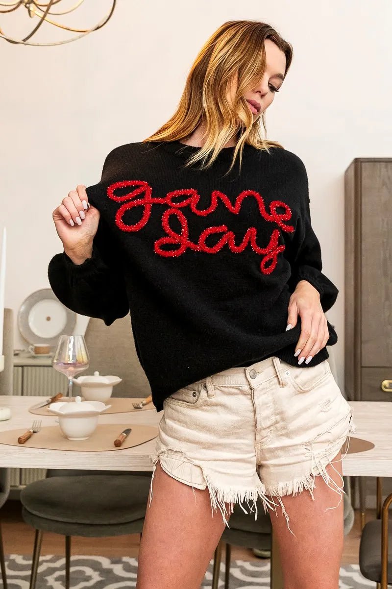 BiBi Game Day Metallic Letter Sweater | Black &amp; Red - Nikki &amp; Co. Boutique