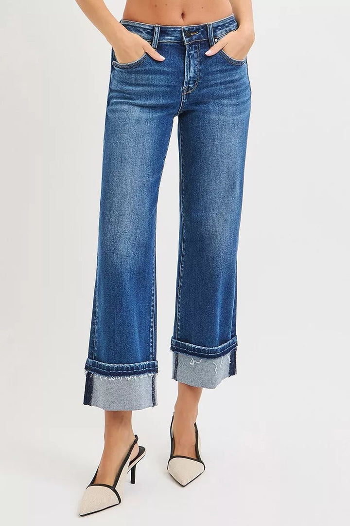 RISEN Mid Rise Ankle Straight Jeans with Cuffed Hem in Dark Wash - Nikki &amp; Co. Boutique