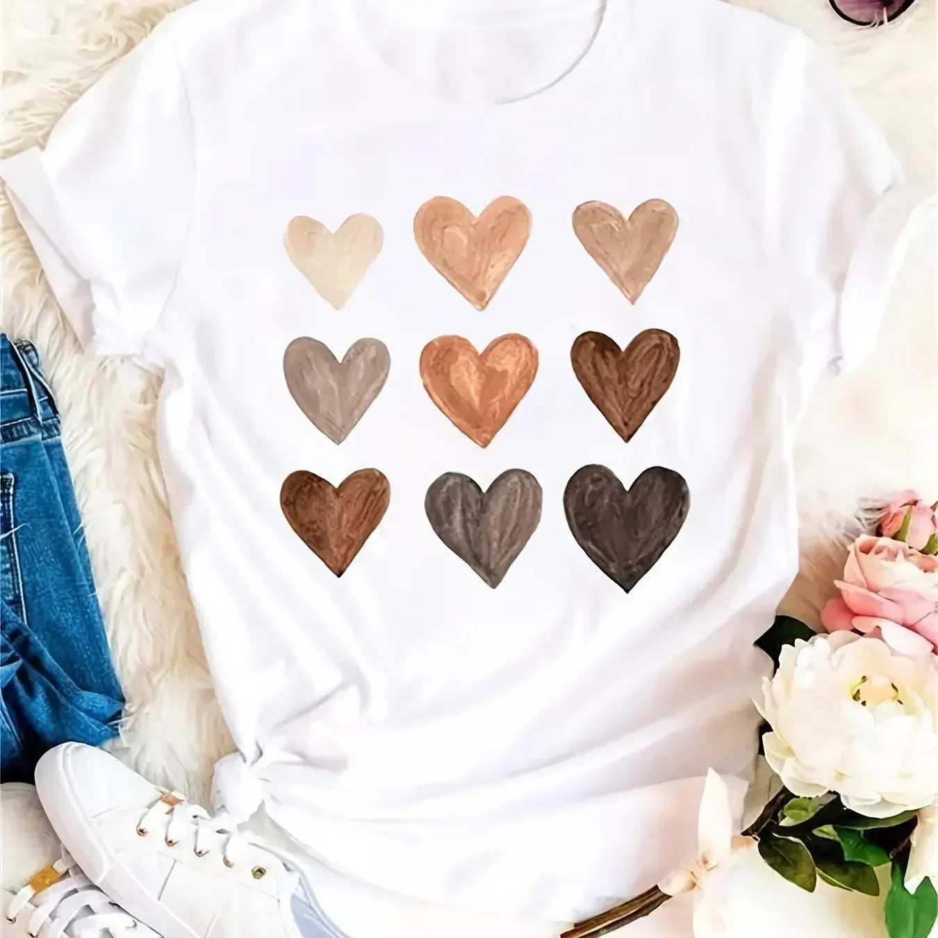 Plus Size Women Tee Heart Graphic Print T-Shirt Fashion Cotton Graphic Top Casual Short Sleeve T-Shirt For Valentine's Day Gifts