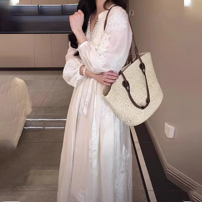 Elegant Flower Embroidery White Maxi Dress Women Stylish Button Lantern Long Sleeve Lace Up Dress Casual Loose Holiday Vestido