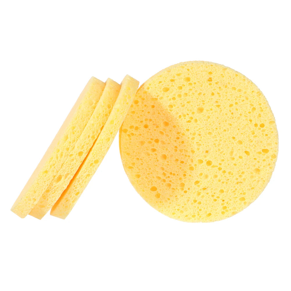 10 pcs 6-9cm Yellow Face Round Makeup Remover Tool, Wood Sponge Cellulose Cosmetic Puff, Cleansing Sponge, Facial Washing Sponge