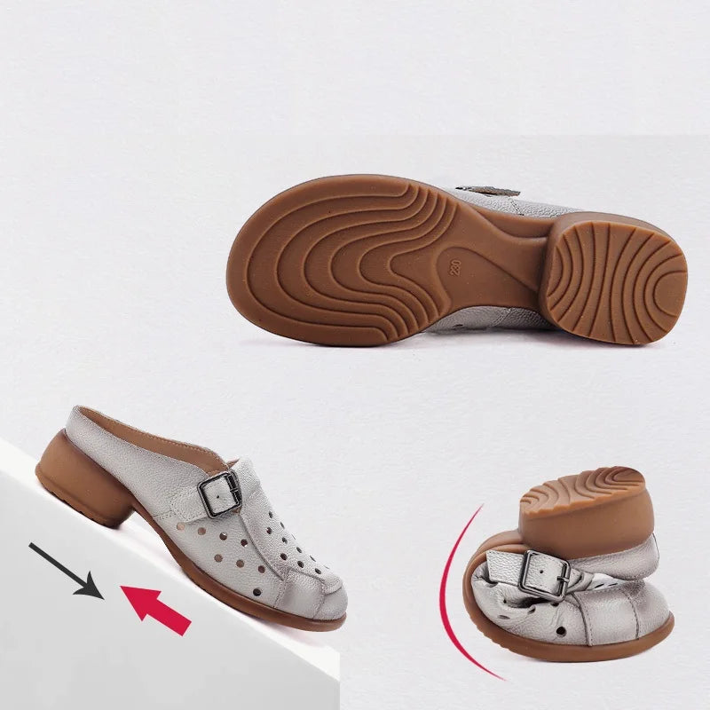 New Cow leather low heel sandals women's hollow out mules shoes woman buckle strap slipper sandals ladies elegant slip on shoes