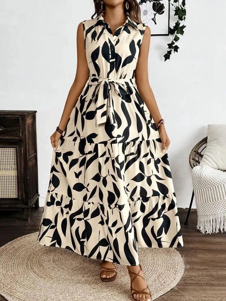 Printed Tie Waist Sleeveless Maxi Dress | Nikki &amp; Co. Boutique