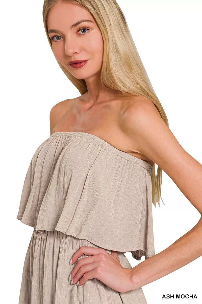 Zenana Woven Crinkle Strapless Maxi Dress in Ash Mocha - Nikki &amp; Co. Boutique