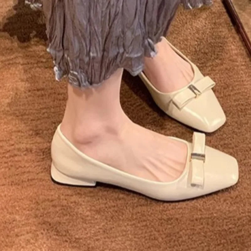 Women's Spring New Fashion Square Toe Designer Patent Leather High Heels Elegant Dress Party Bow Low Top Shoes  35--40  Size