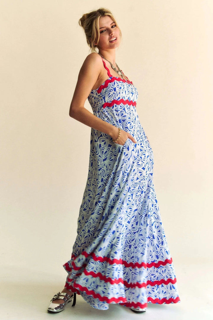 Davi &amp; Dani Contrast Velvet Tape Smocked Bodice Midi Dress in Cobalt Blue - Nikki &amp; Co. Boutique