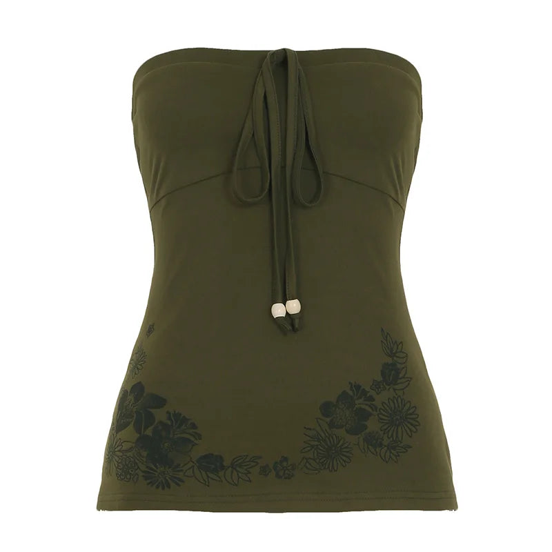 Causal Holiday Style Women Straps Tops Backless Bow Lace Up Slim Flower Prints Fashion Trendy Blouses