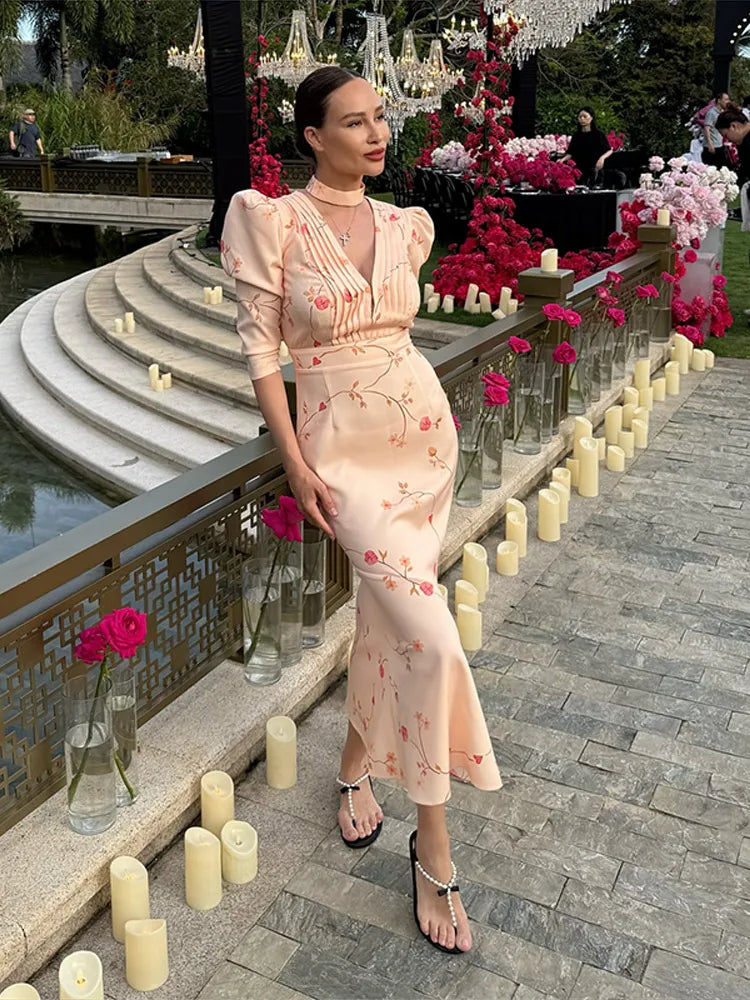 Print Deep V Shoulder Pad Long Dress Elegant Short Sleeve Waist Cinching Sheath Party Dresses