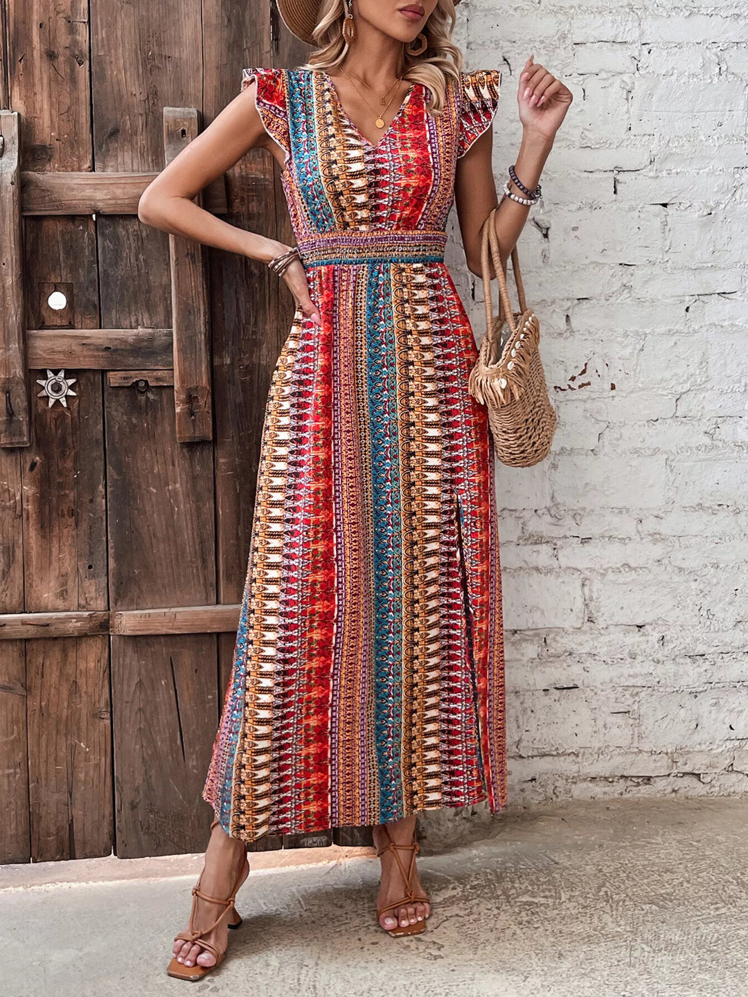 Boho Print Ruffle Sleeve Slit Dress - Nikki &amp; Co. Boutique