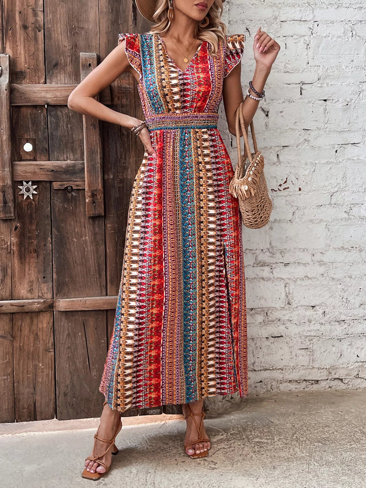 Boho Print Ruffle Sleeve Slit Dress - Nikki &amp; Co. Boutique