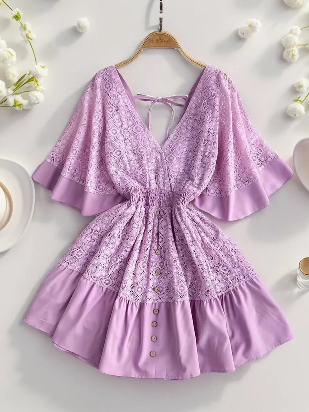 Ruffle Hem Tie Back Lace Mini Dress | Nikki &amp; Co. Boutique