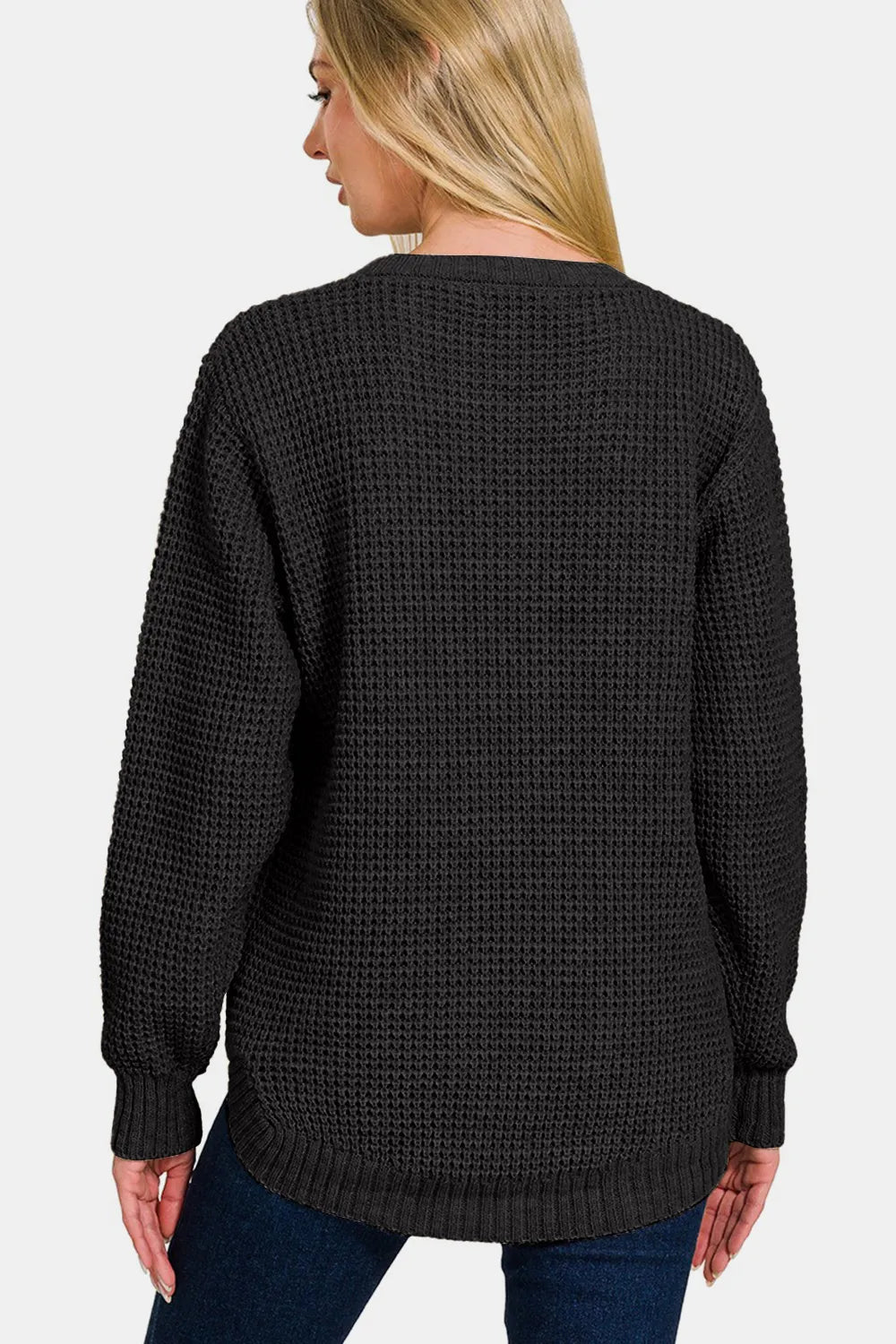 Zenana High Low Long Sleeve Waffle Sweater - Nikki &amp; Co. Boutique
