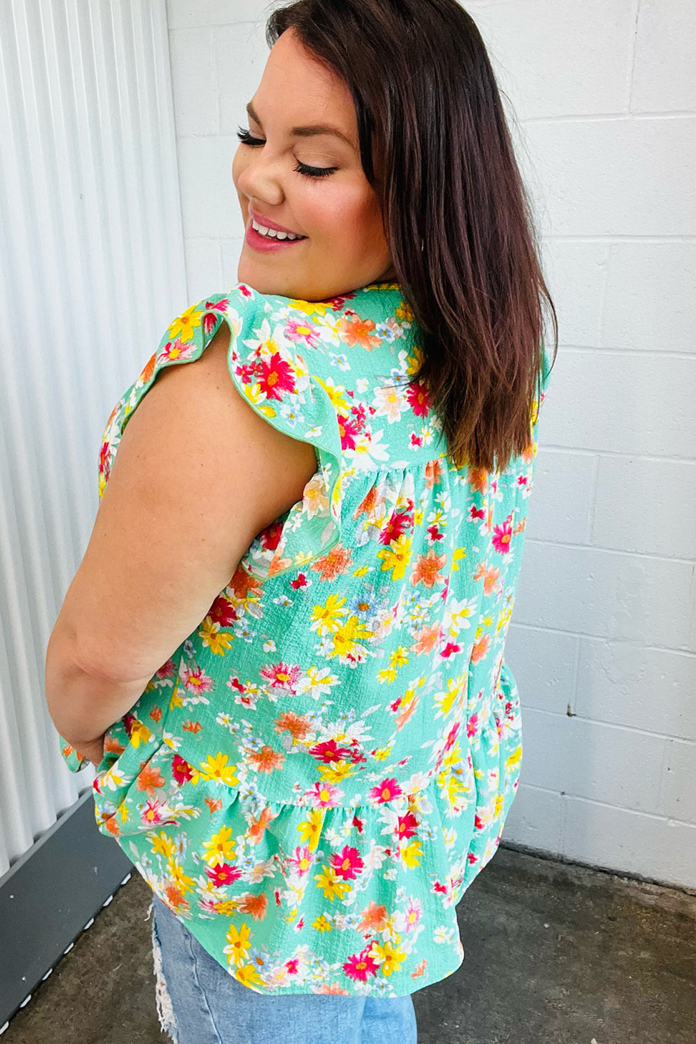 Mint Floral Yoke Flutter Sleeve Keyhole Back Tops | Nikki &amp; Co. Boutique